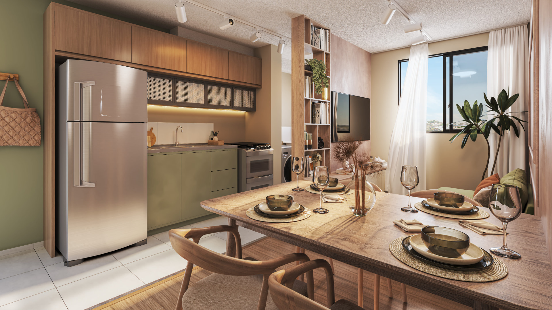 Sala integrada com cozinha do apartamento 502